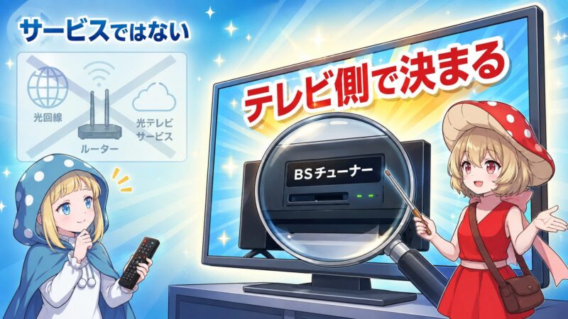 キノリとノココが光テレビとNHK受信料の関係を整理して納得しているイラスト